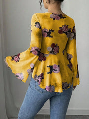 Floral Tie Front Flare Sleeve Blouse