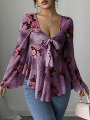 Floral Tie Front Flare Sleeve Blouse