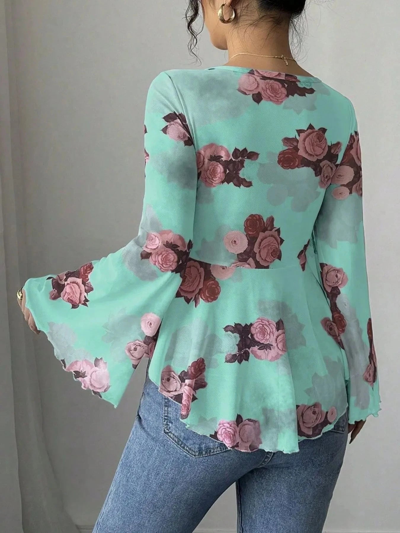 Floral Tie Front Flare Sleeve Blouse