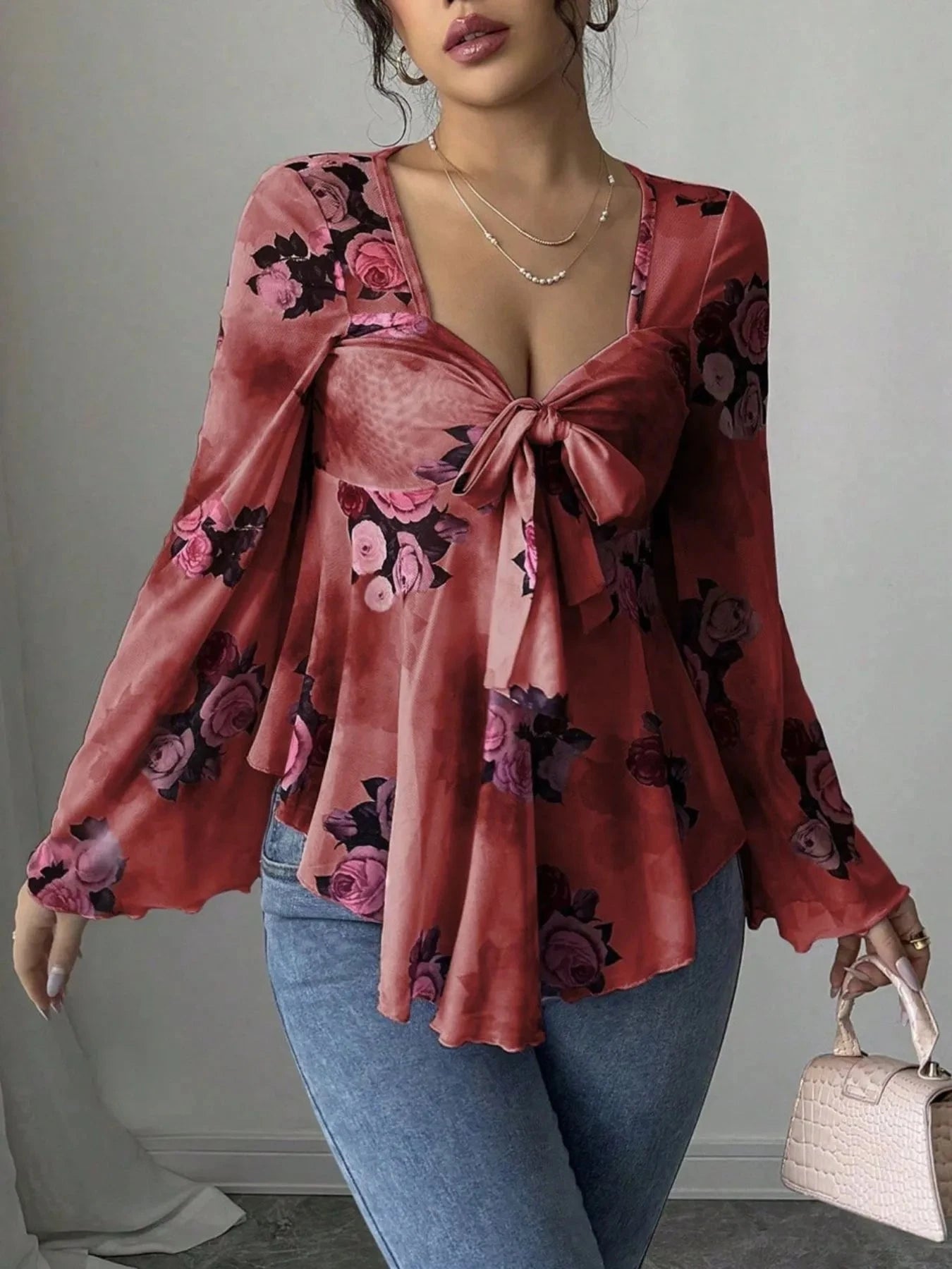 Floral Tie Front Flare Sleeve Blouse