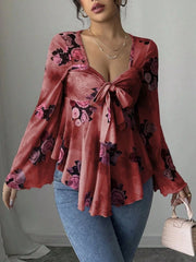 Floral Tie Front Flare Sleeve Blouse