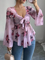 Floral Tie Front Flare Sleeve Blouse