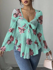 Floral Tie Front Flare Sleeve Blouse Cyan / S