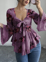 Floral Tie Front Flare Sleeve Blouse Dark Purple / S