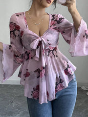 Floral Tie Front Flare Sleeve Blouse Lilac / S
