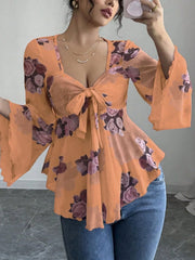 Floral Tie Front Flare Sleeve Blouse Orange / S