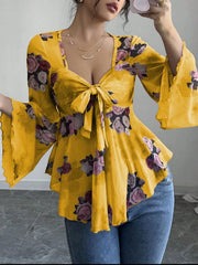 Floral Tie Front Flare Sleeve Blouse Yellow / S