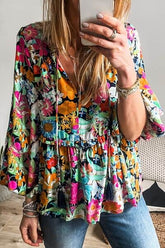 Floral Tie Neck Balloon Sleeve Blouse Floral / XL