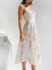 Floral Tie-Strap Sweetheart Neck Midi Dress