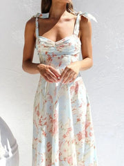 Floral Tie-Strap Sweetheart Neck Midi Dress