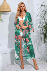 Floral Tie Waist Duster Cover Up Green / One Size