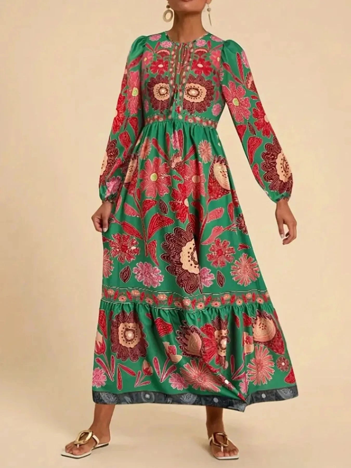 Floral Tie Waist Long Sleeve Dress