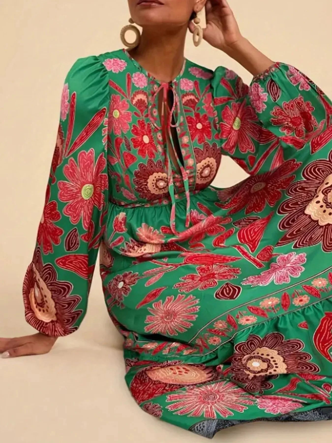 Floral Tie Waist Long Sleeve Dress