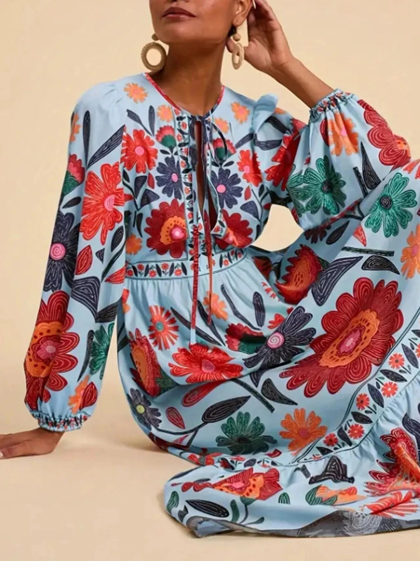 Floral Tie Waist Long Sleeve Dress