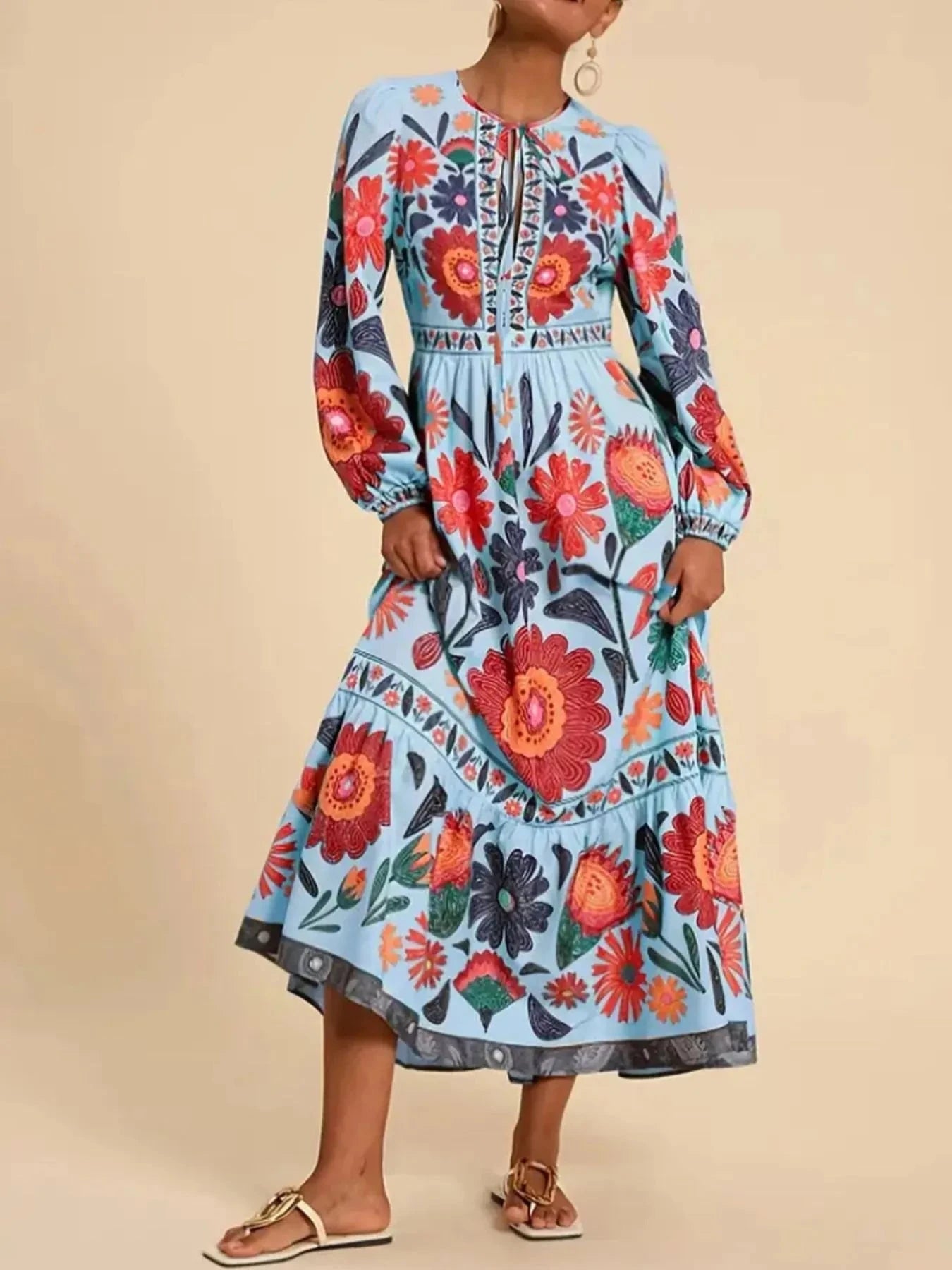 Floral Tie Waist Long Sleeve Dress