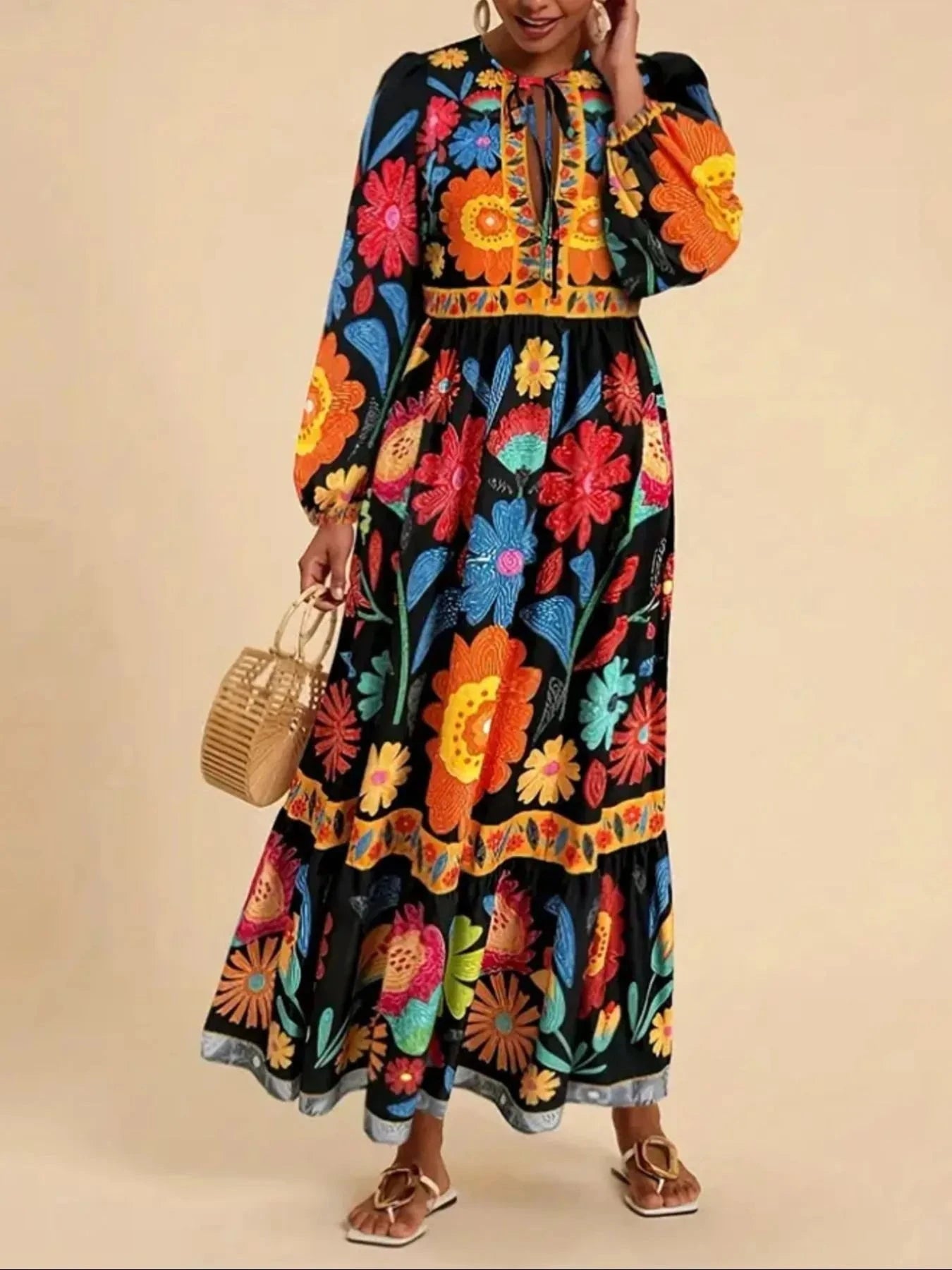 Floral Tie Waist Long Sleeve Dress