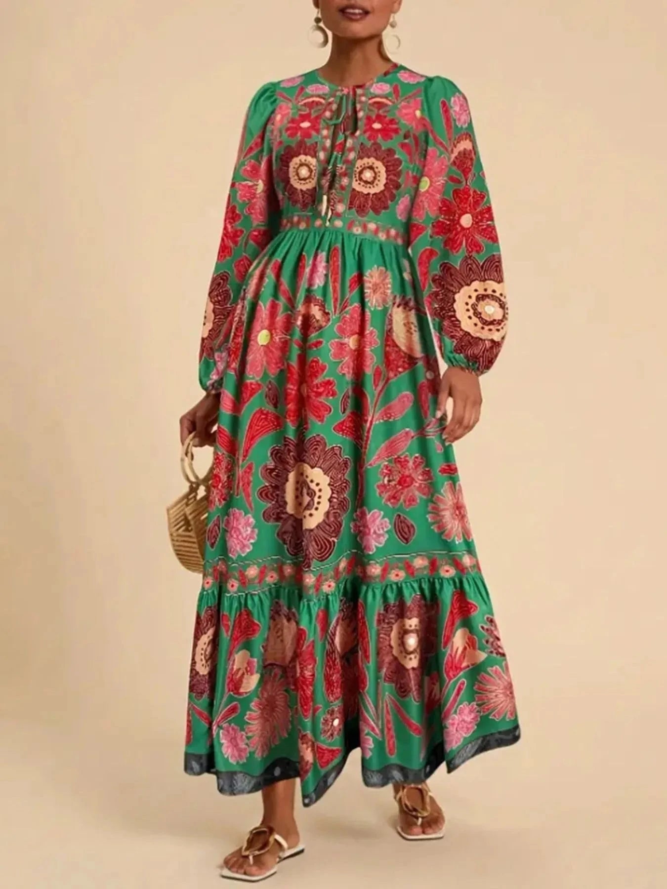 Floral Tie Waist Long Sleeve Dress