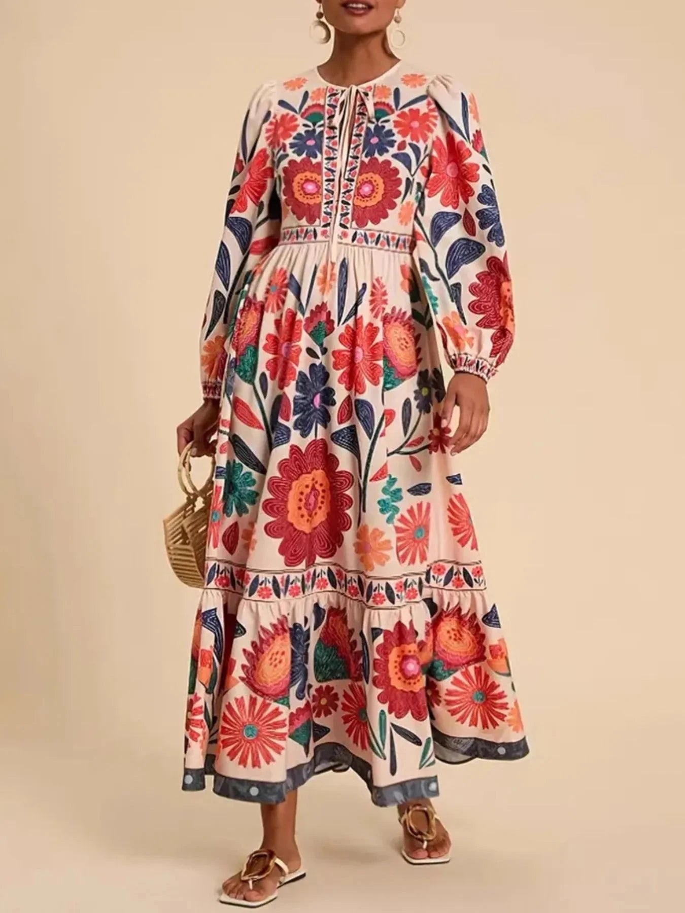 Floral Tie Waist Long Sleeve Dress