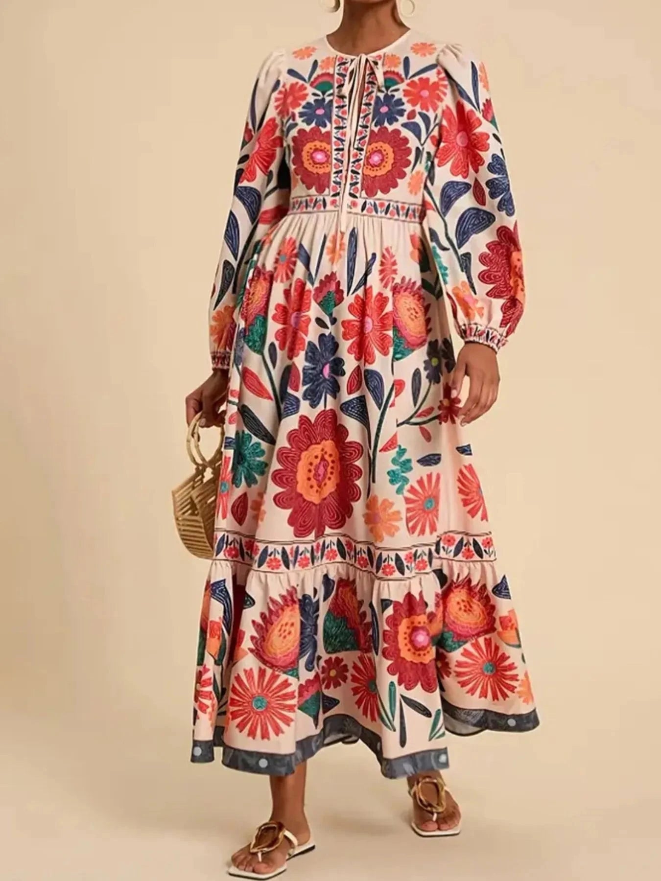 Floral Tie Waist Long Sleeve Dress