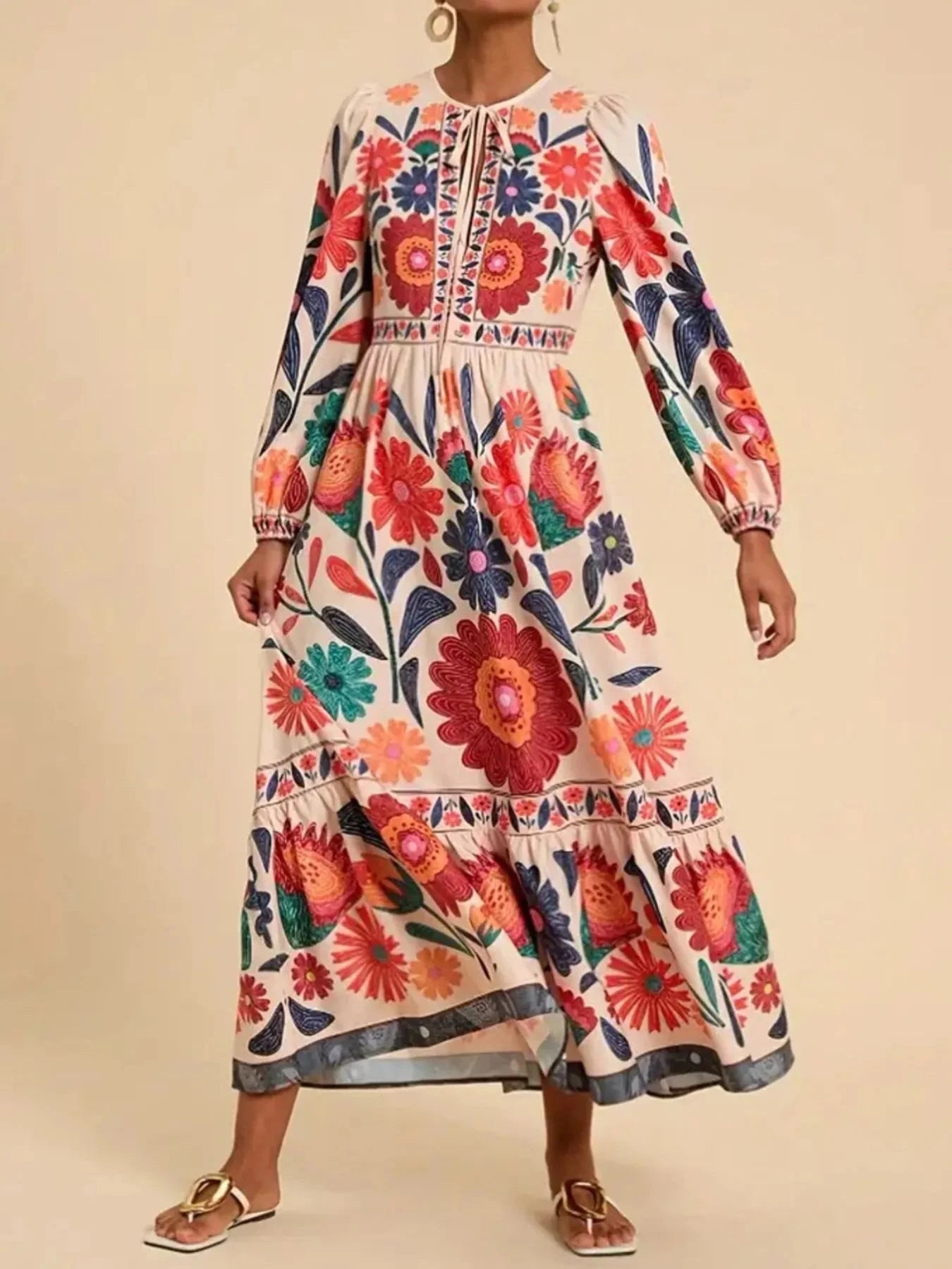 Floral Tie Waist Long Sleeve Dress