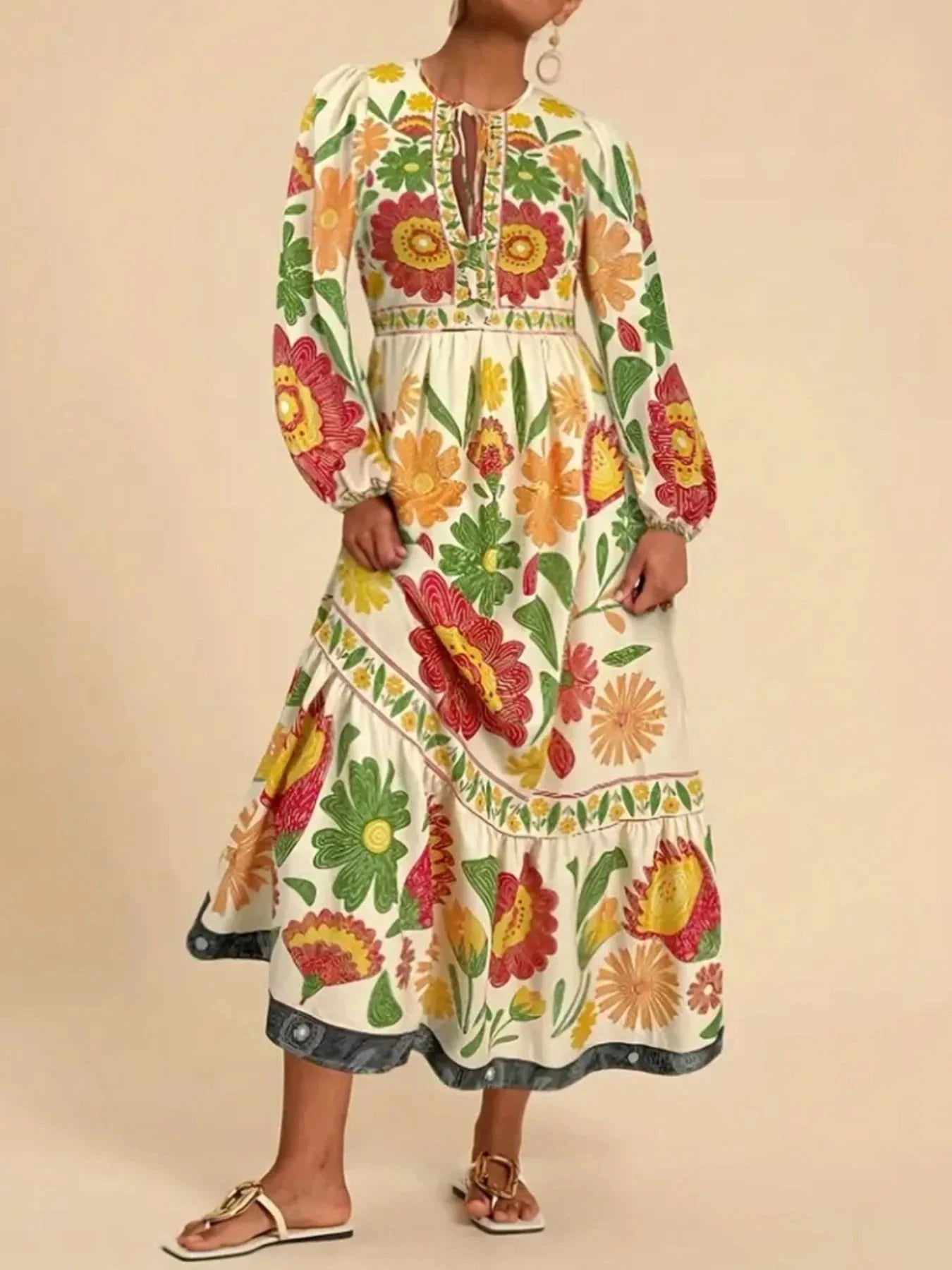 Floral Tie Waist Long Sleeve Dress Color 3 / S