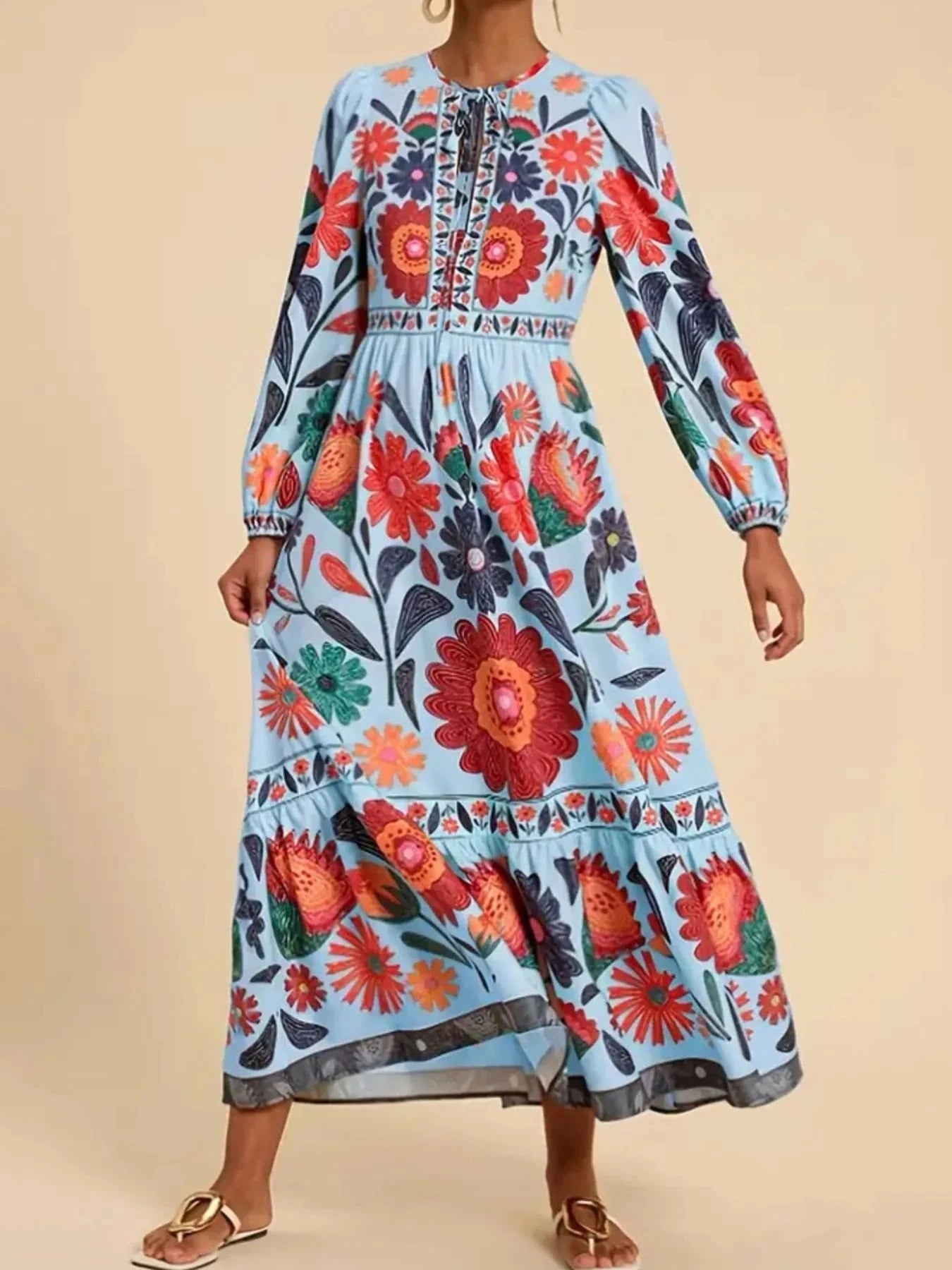 Floral Tie Waist Long Sleeve Dress Color 4 / S