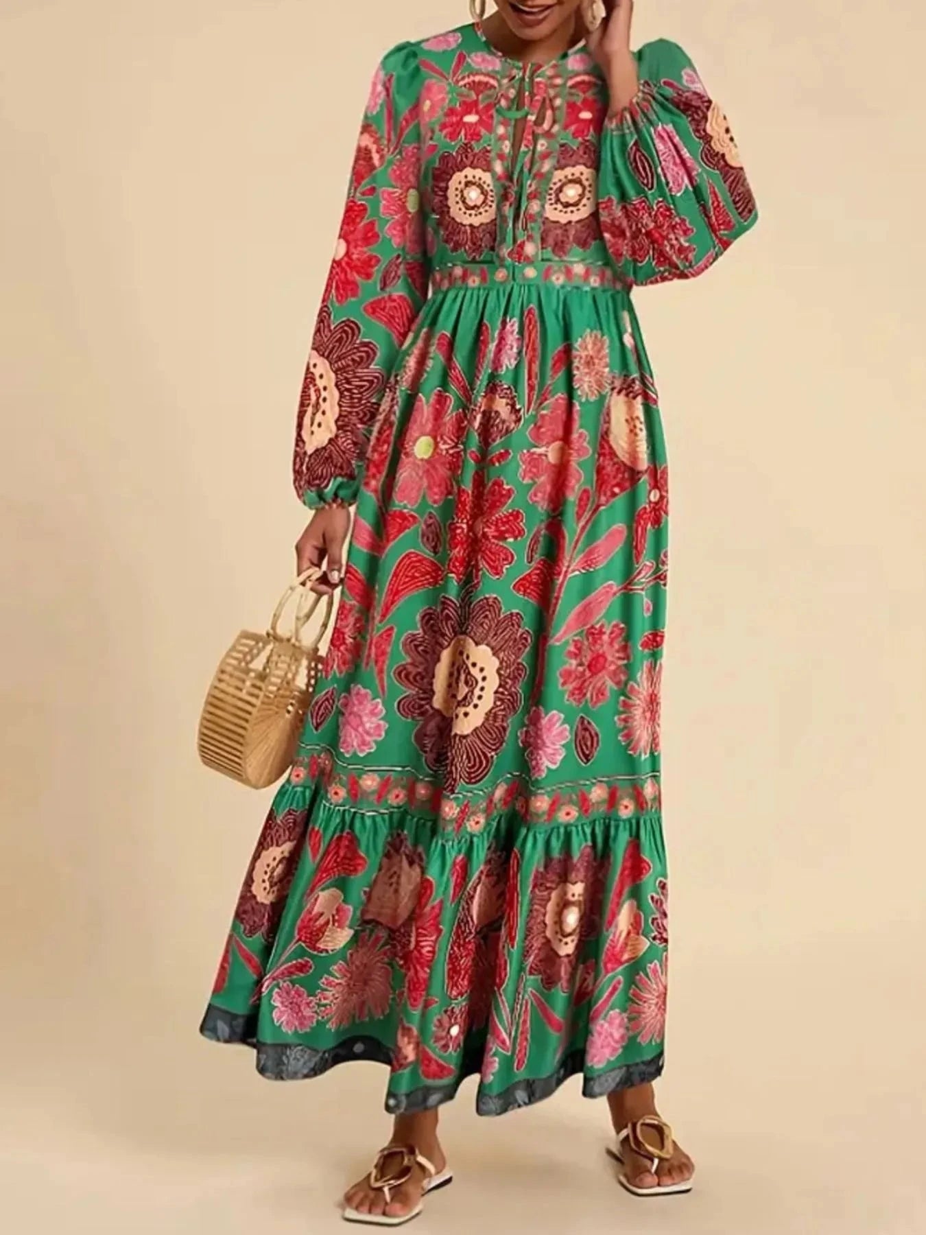 Floral Tie Waist Long Sleeve Dress Color 5 / S