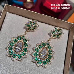 Floral Tiered Crystal Rhinestone Bezel Emerald Dangle Earrings Green