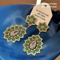 Floral Tiered Crystal Rhinestone Bezel Emerald Dangle Earrings Green