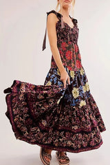 Floral Tiered Maxi Dress with Mixed Print Design Black / S