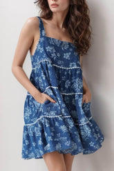 Floral Tiered Square Neck Denim Dress Medium / XL