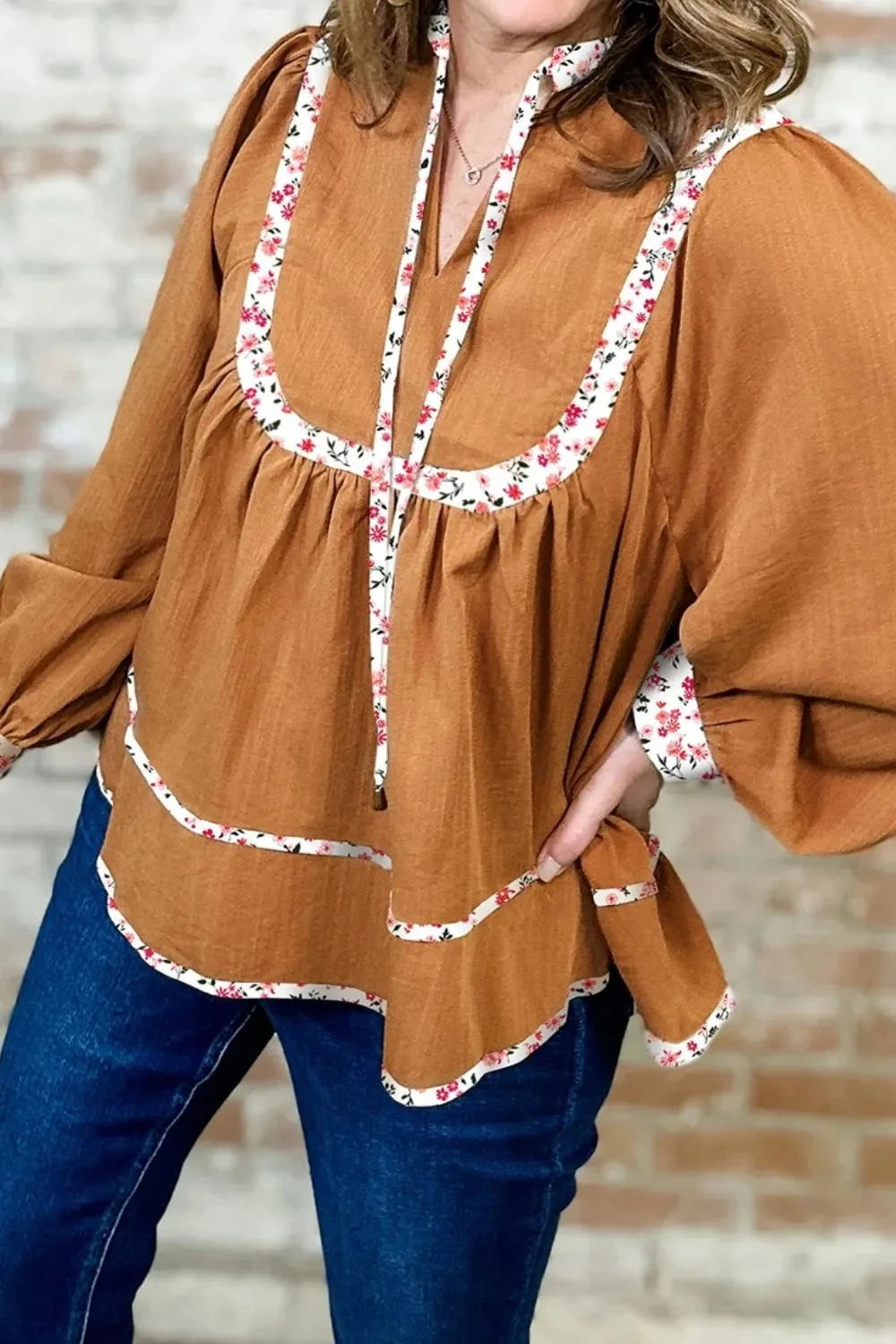Floral Trim Long Sleeve Blouse