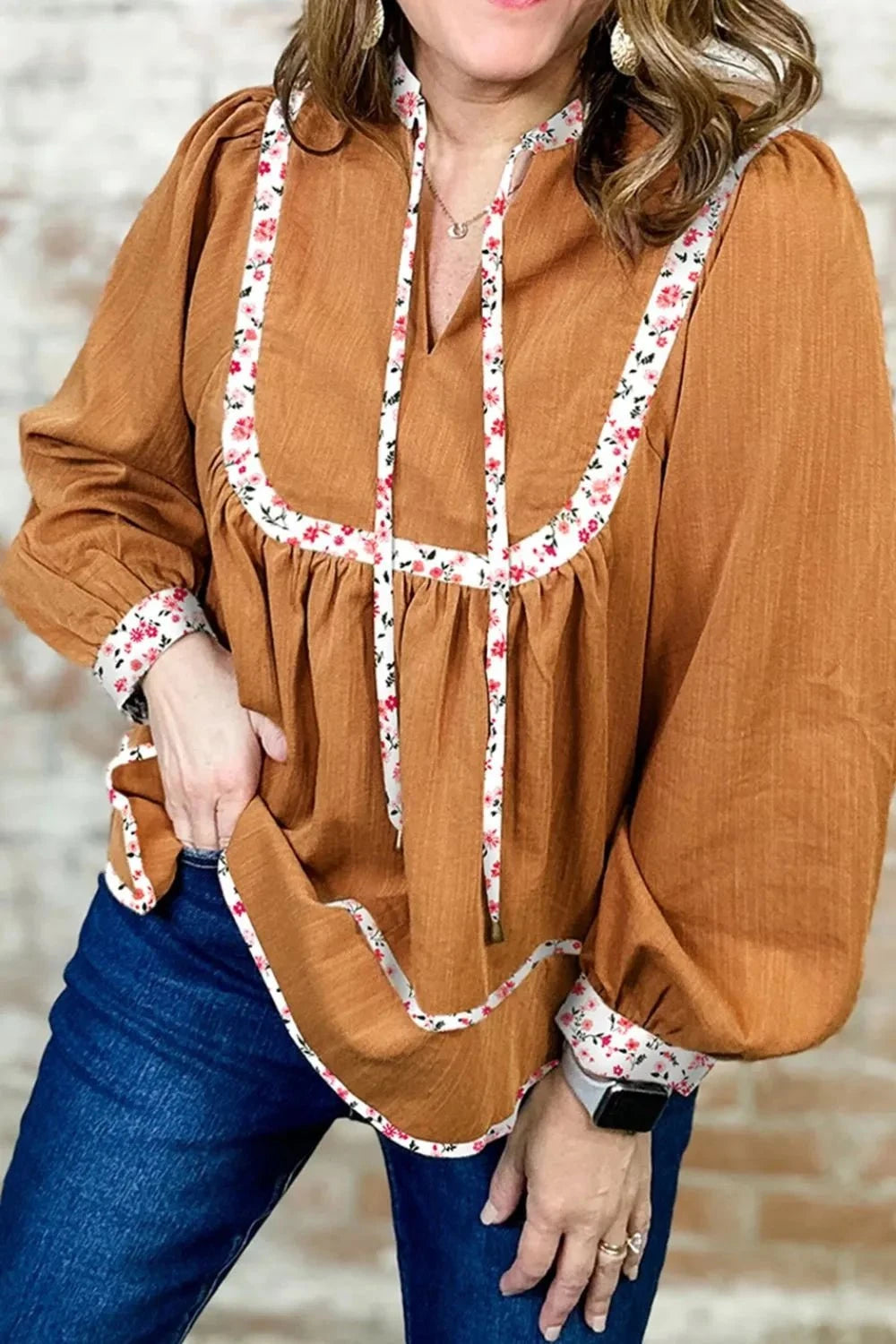 Floral Trim Long Sleeve Blouse Ochre / S