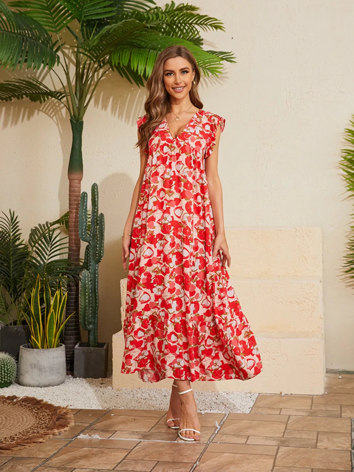 Floral V-Neck Cap Sleeve Summer Dress