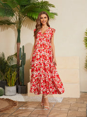 Floral V-Neck Cap Sleeve Summer Dress