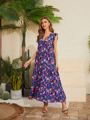Floral V-Neck Cap Sleeve Summer Dress