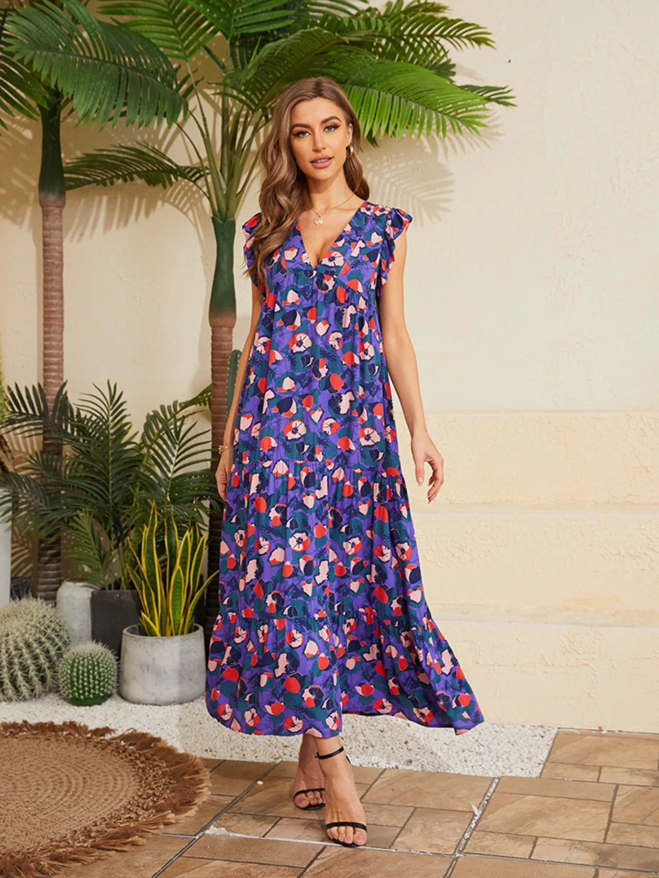 Floral V-Neck Cap Sleeve Summer Dress