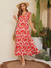 Floral V-Neck Cap Sleeve Summer Dress