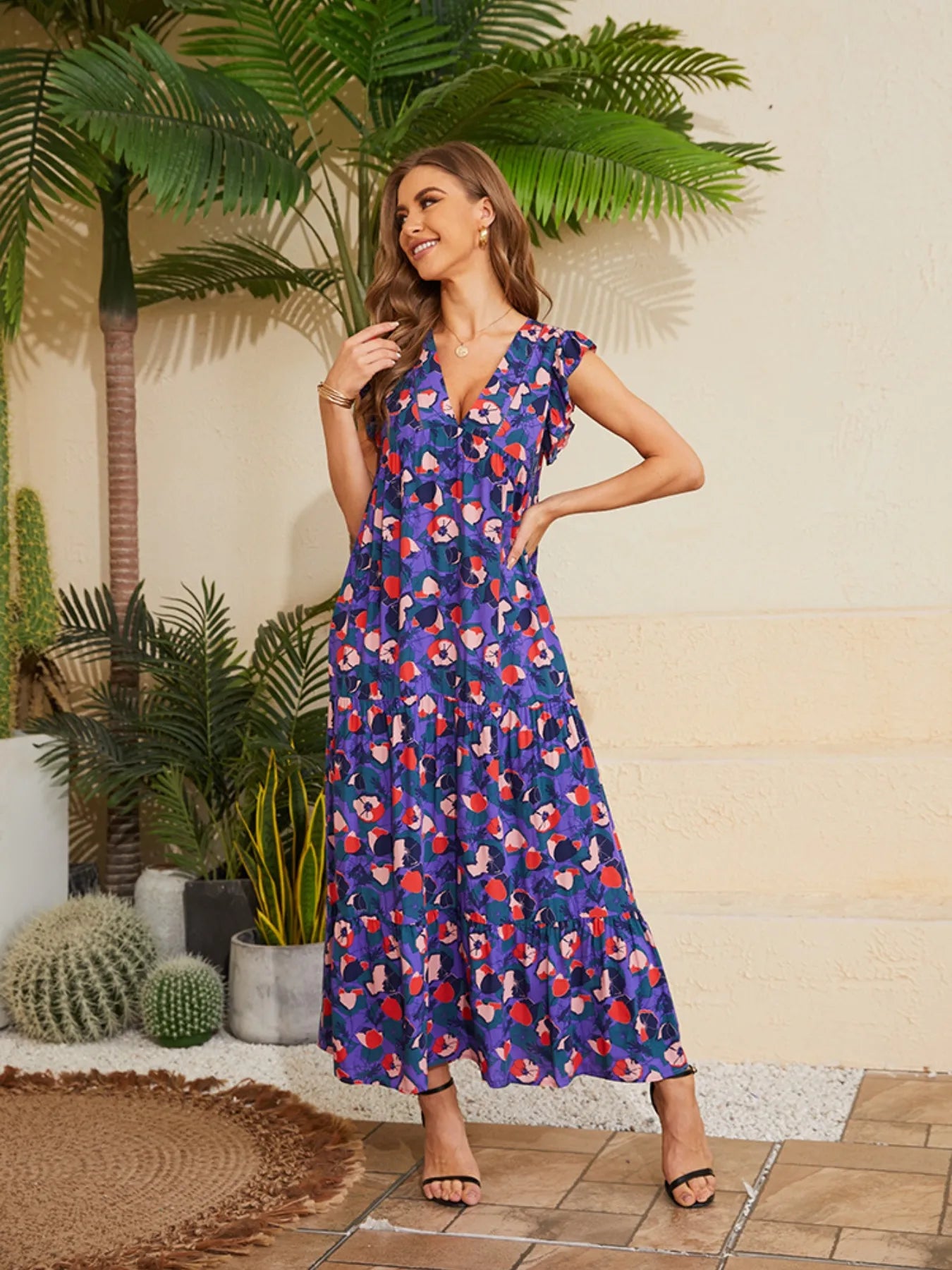 Floral V-Neck Cap Sleeve Summer Dress Purple / S
