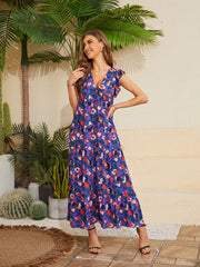 Floral V-Neck Cap Sleeve Summer Dress Purple / S