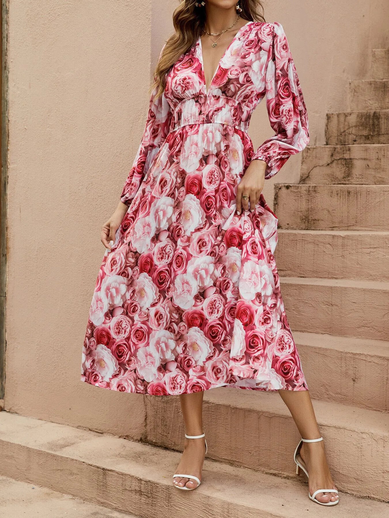 Floral V-Neck Long Sleeve Dress