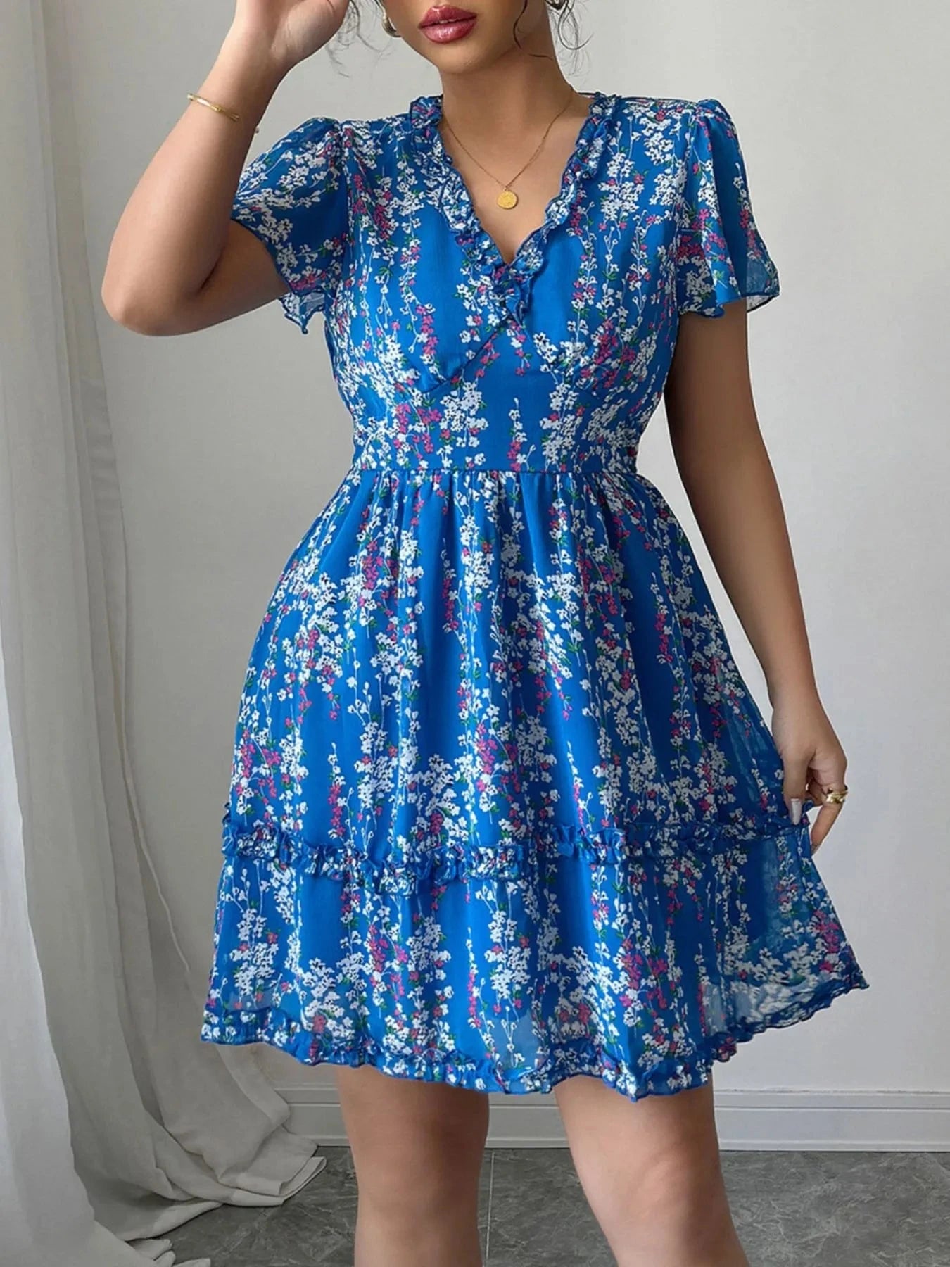Floral Wrap Dress with Flutter Sleeves Blue / S