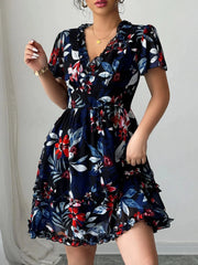 Floral Wrap Dress with Flutter Sleeves Navy / S