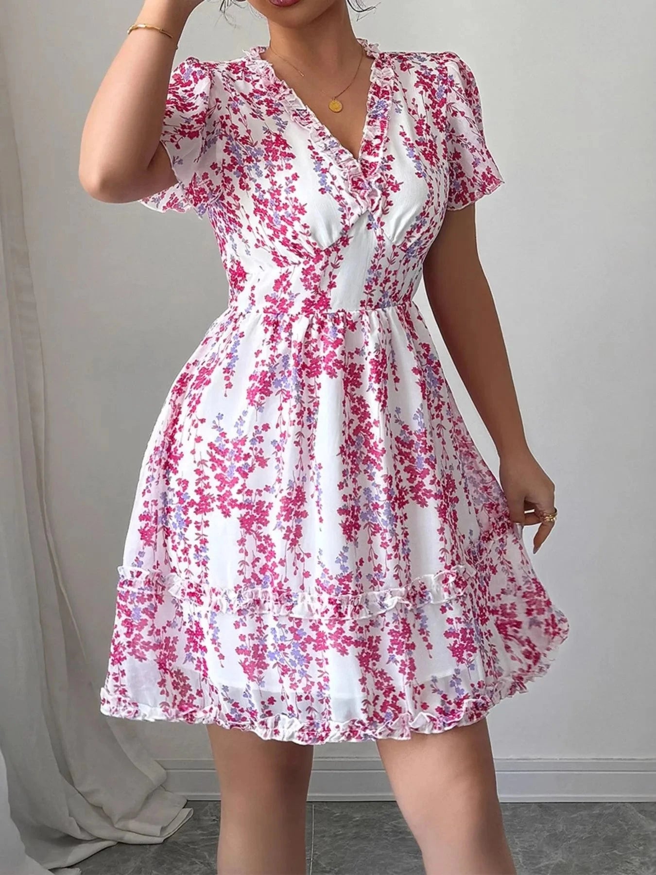 Floral Wrap Dress with Flutter Sleeves Pink / S