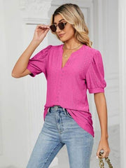 Florira Eyelet Notched Short Sleeve T-Shirt