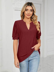 Florira Eyelet Notched Short Sleeve T-Shirt Burgundy / XL