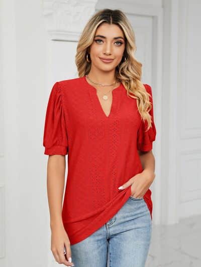 Florira Eyelet Notched Short Sleeve T-Shirt Deep Red / 2XL