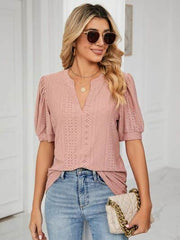 Florira Eyelet Notched Short Sleeve T-Shirt Dusty Pink / S