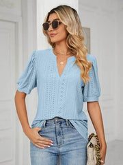 Florira Eyelet Notched Short Sleeve T-Shirt Light Blue / S