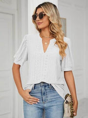 Florira Eyelet Notched Short Sleeve T-Shirt White / L